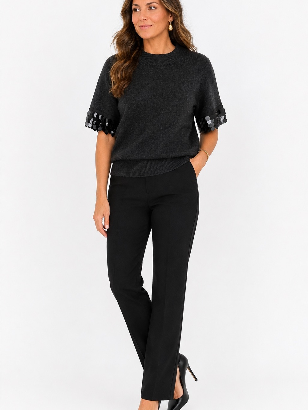 Vince Camuto Soft Black Sequin Paillete Sleeve Sweater Dressy Party Medium